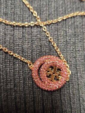 Tory Burch Gold-Tone Necklace with Pink Crystal Circular Pendant